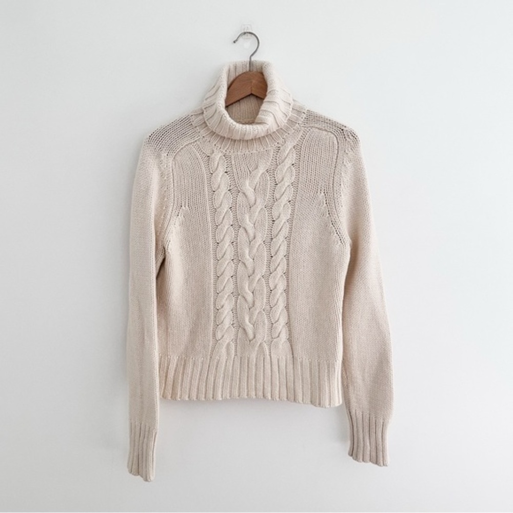 Wool Angora Cashmere Blend Cable Knit Turtleneck Sweater Cream Ivory Women's S